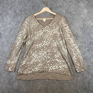 Chicos Sweater 1 M 8 V Neck Long Sleeve Leopard Print Gold Metallic Fine Gauge